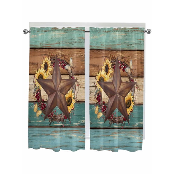 Country Star Vintage Bathroom Window Curtain, Sunflower Farmhouse Teal Brown Western Berry Light Filtering Coffee Kitchen Curtains, Bedroom Living Room Curtains 2 Panel 84"x63"