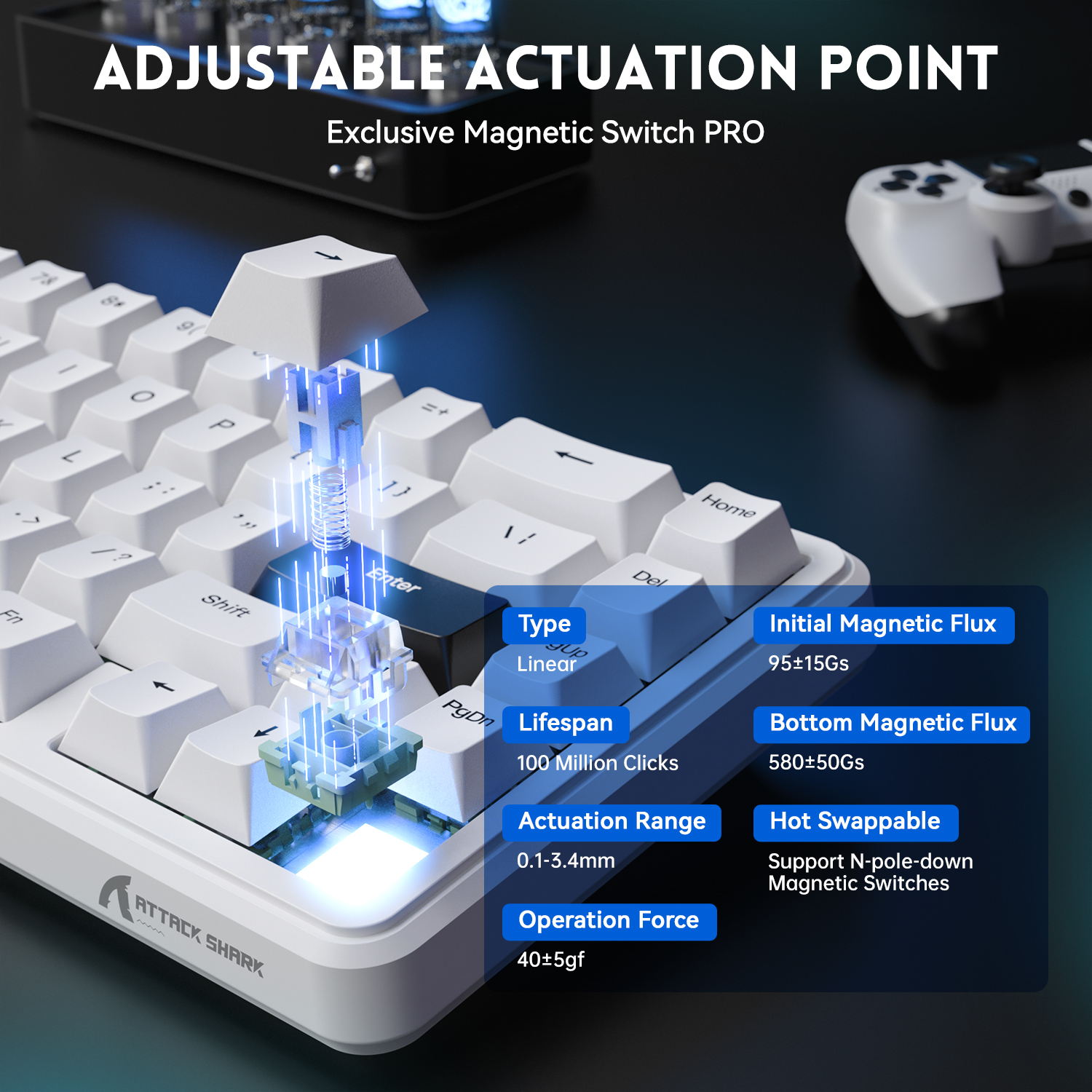 ATTACK SHARK X65 HE Rapid Trigger Keyboard, 0.01mm RT Accuracy, 8Khz 60% Wired Magnetic Switch Gaming Keyboard with 8Khz Coiled Cable, Adjustable Actuation, Snap Tap, for PC/Mac, White