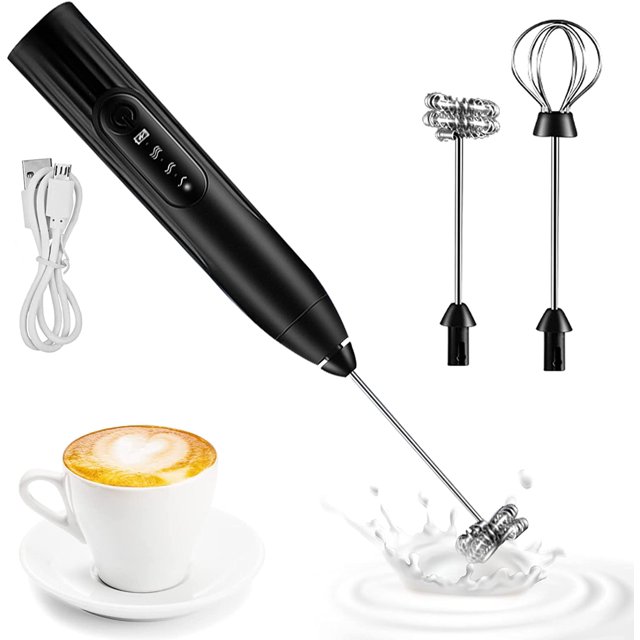 Espumador de leche ajustable de 3 velocidades con 2 cabezales mezcladores diferentes para café, café con leche, capuchino, chocolate caliente y huevos