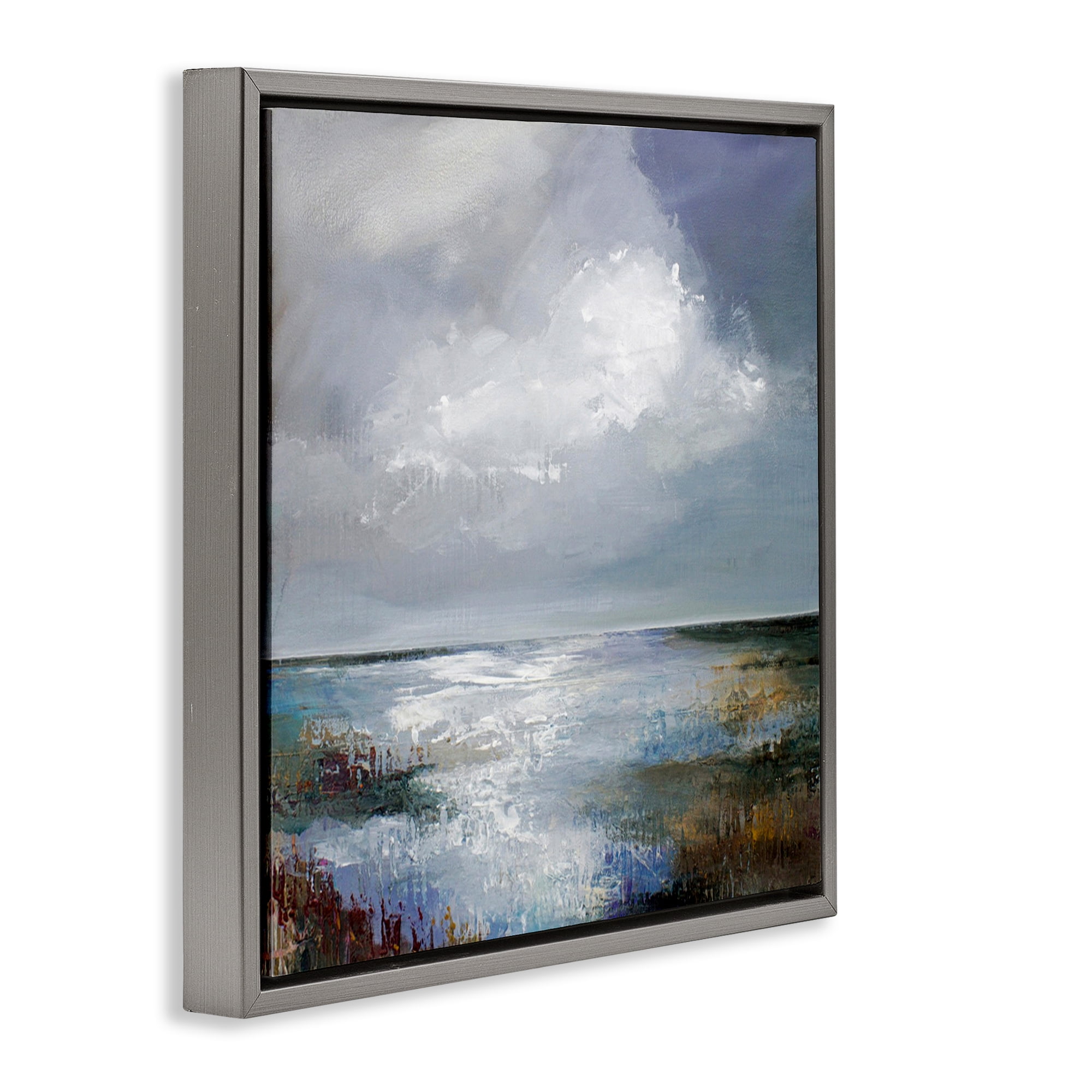 Stupell Industries Sun Reflection Ocean Surface Landscape & Nature Painting Gray Floater Framed Canvas Art Print Wall Art, 18 x 18