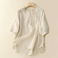 thumbnail image 3 of White Women's Short Sleeve T-shirt, Women'S Vintage Cotton Linen Round Neck Embroidery Loose Mid Sleeve T Shirt Top,Women's Short sleeve T-shirt M, 3 of 6