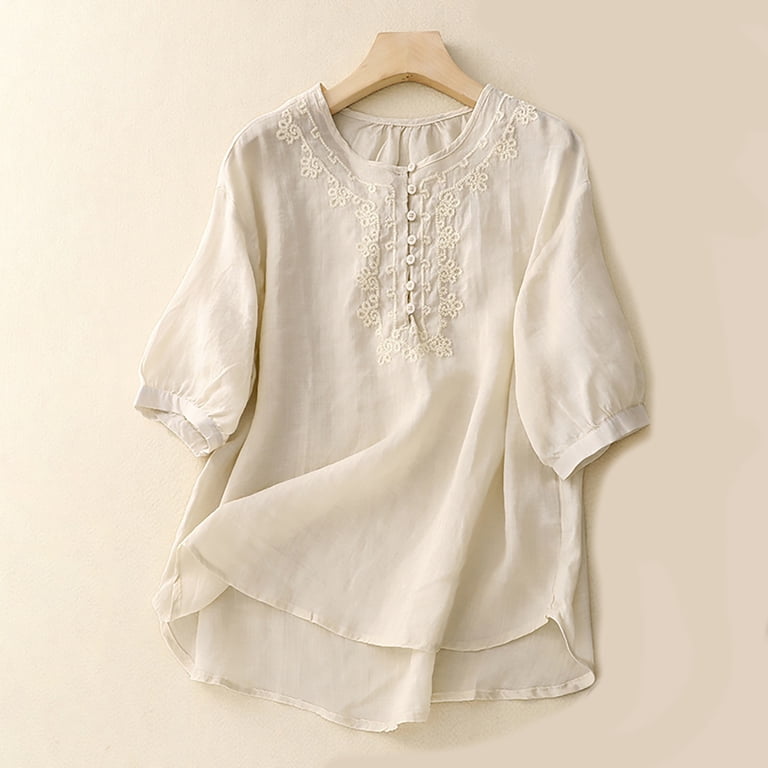 Oversized Tshirts for Women, Vintage Cotton Linen Round Neck