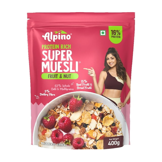 Alpino Protein-Rich Super Muesli Fruit & Nuts 400g | Rolled Oats, Flax Seed Sunflower Seed | 16% Protein, High Fibre, Plant-Based | Cereal | Pouch