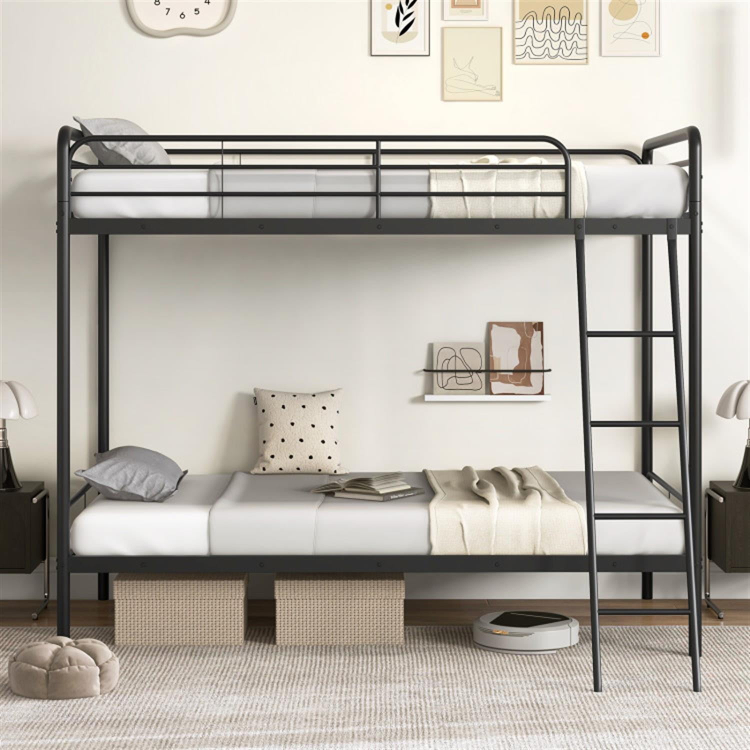Demi Bonn Heavy Duty Metal Bunk Bed with Ladder and Safety Guardrails, Bunkbeds for Bedroom, No Box Spring Needed, Black