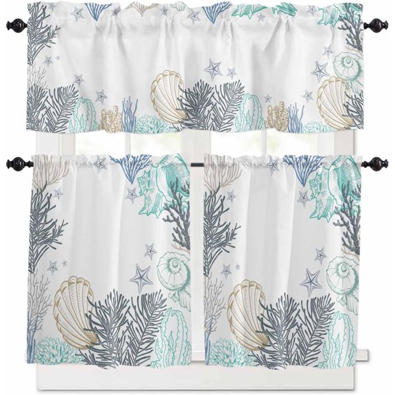 Coastal Shell Coral Starfish Kitchen Curtains and Valances Set, Rod Pocket Curtains Tier Farmhouse Window Curtains 36 Inch Length, Abstract Summer Ocean 3 Piece Kitchen Curtains Set