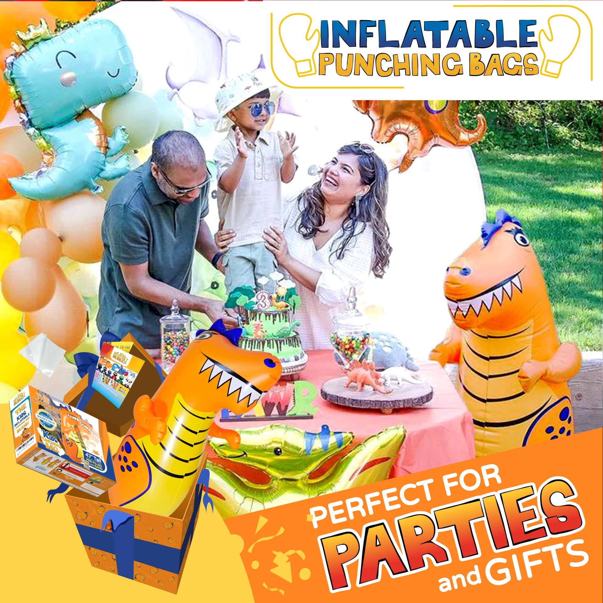INFLATABLE DUDES Orange Dinosaur 47 Inches -Kids Punching Bag |Filled with Sand
