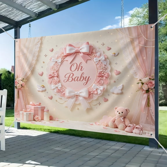 Bow Baby Shower Backdrop Banner Oh Baby Bow Baby Shower Decorations Coquette Photography Background for Newborn Baby Bowknot Banner (1) 51*59IN