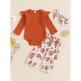 thumbnail image 2 of Newborn Baby Girl Halloween Outfit Letter Long Sleeve Ruffle Romper Pumpkin/Ghost Pants Headband Set Fall Clothes 0-18M, 2 of 8