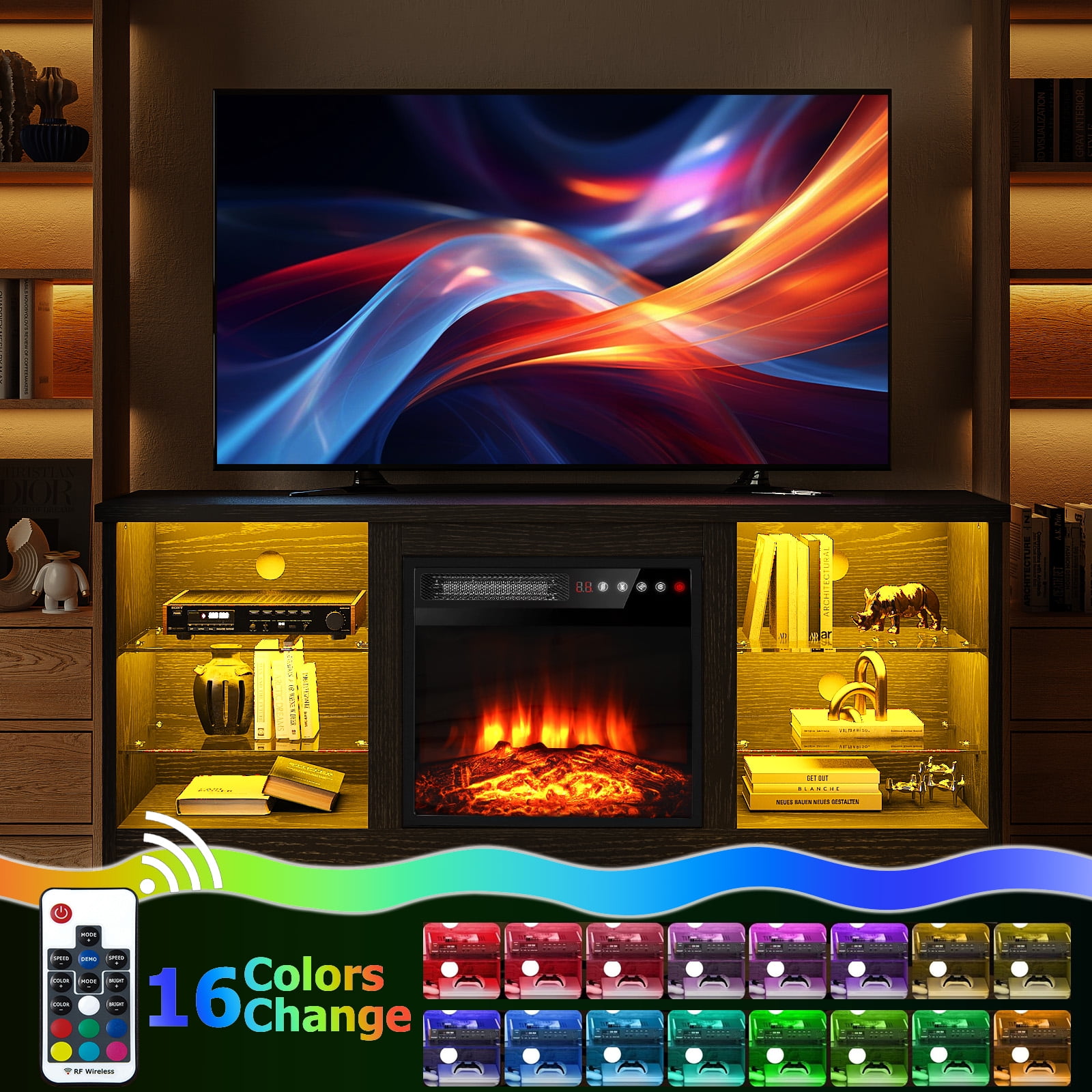 BOSSIN 58" Fireplace TV Stand for 65 inch TV Console with 18'' Electric Fireplace & Remote, Wooden Modern Entertainment Center for Living Room with LED Light Glass Shelves
