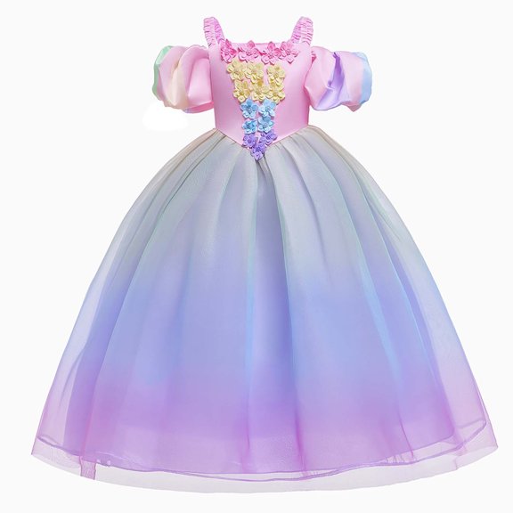 Tisuna Little Girls Formal Gown With Gradient Floral Print Short Sleeve Off The Shoulder Design Elegant Cute Child Girls Summer Birthday Party Dress Pink Size 3-4 Years