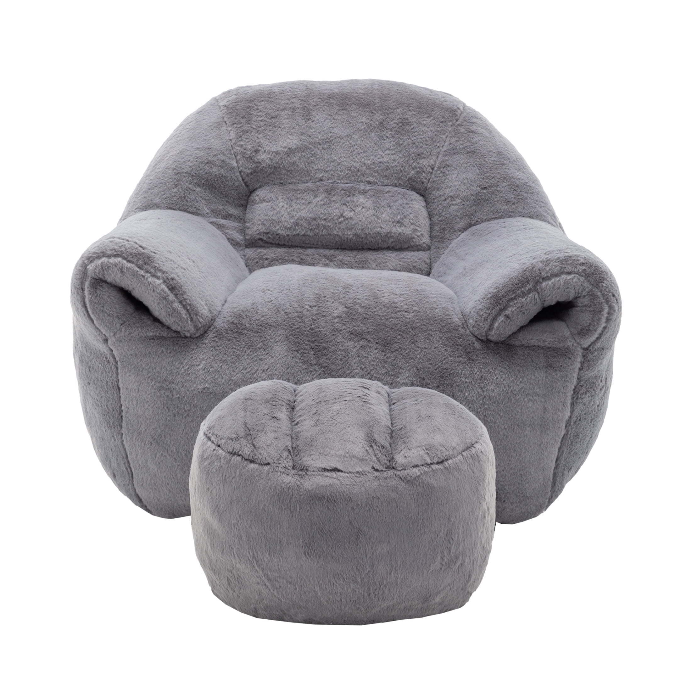 Noble House Elijah Faux Fur Bean Bag Chair with Ottoman Set, Comfy Stuffed Floor Lounge Sofa with Back Support, Dark Gray