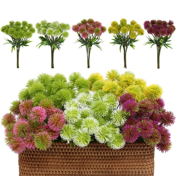 AYktou 5Pcs Artificial Flowers, Dandelions Bouquet Green Fake Flowers Gradient Flower Balls, Elegant Floor Rows Flowers Arrangement Decor Fake Plants for Wedding Hall Festivals Home Decor, White