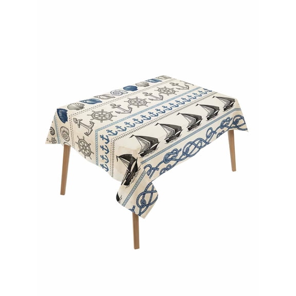 Vintage Coastal Rectangle Tablecloth, Beach Nautical Seahorse Shell Anchor Waterproof & StainResistant Tablecloth, Washable Oil-proof Table Cover for Dining/Party/Wedding/Camping/Buffet 60x84 In