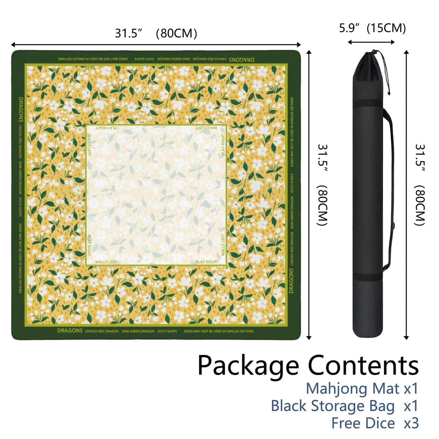 Lemon Mahjong Mat with Rules, 31.5*31.5in Anti Slip American Mahjong Mat for Table, Noise Reduction, Neoprene Mah jongg Mats with Carrying Bag & 3 Dices, Mahjong Supplies Gift, Board Tile Games Mats