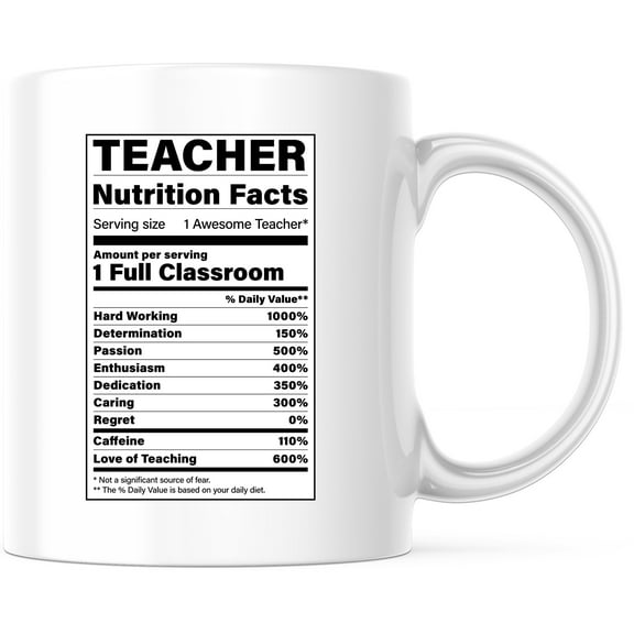 Teacher Nutrition Facts Mug - Funny Teacher Appreciation Gift - End of Year Classroom Mug - Perfect Gifts for Teachers - 11 Ounce Novelty Coffee Cup - WMUG0322