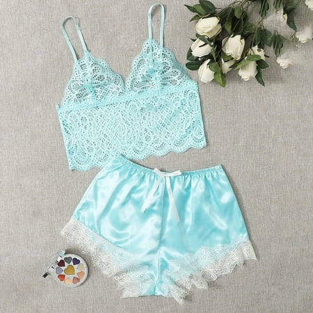 

UoCefik Women s Lingerie Sexy Lace Bodysuit See Through Bra and Panty Sets Blue M