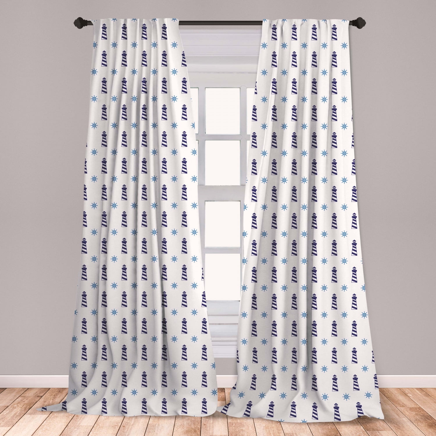Navy Blue Curtains 2 Panels Set, Nautical Elements Steering Wheel