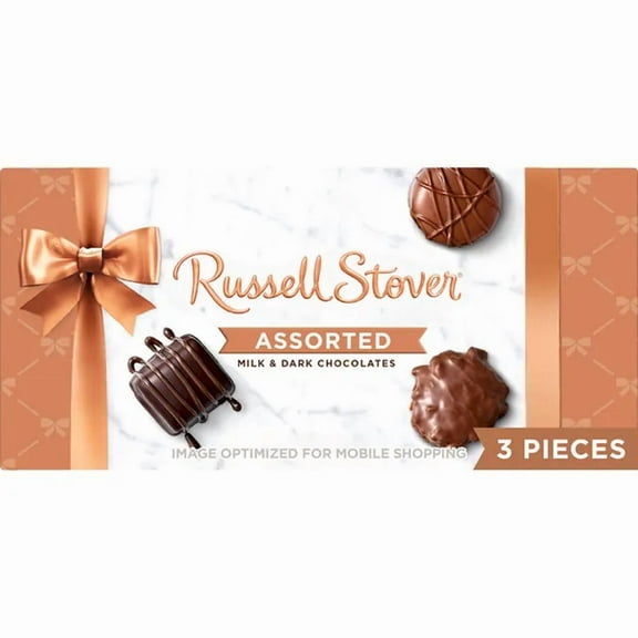 RUSSELL STOVER Assorted Milk & Dark Chocolate Candy, Truffle, Caramel & Pecan Delight, 3 Piece Box, 1.7 oz