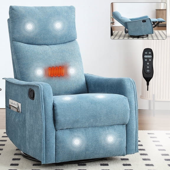 Heat Massage Manual Recliner Chair with 360° Swivel, Rocker and Lumbar Heat, Fabric Upholstery, Reclining up to 155° for Living Room, Blue