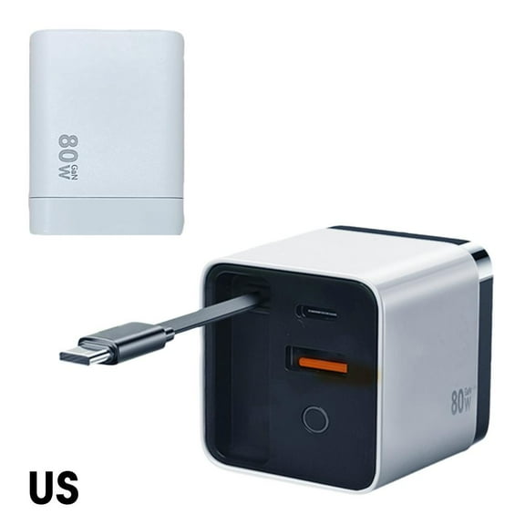 80 Watt All in One Charger 3 in 1 Gan Charger with Type-C Cable and USB Port for Smartphones and Tablets