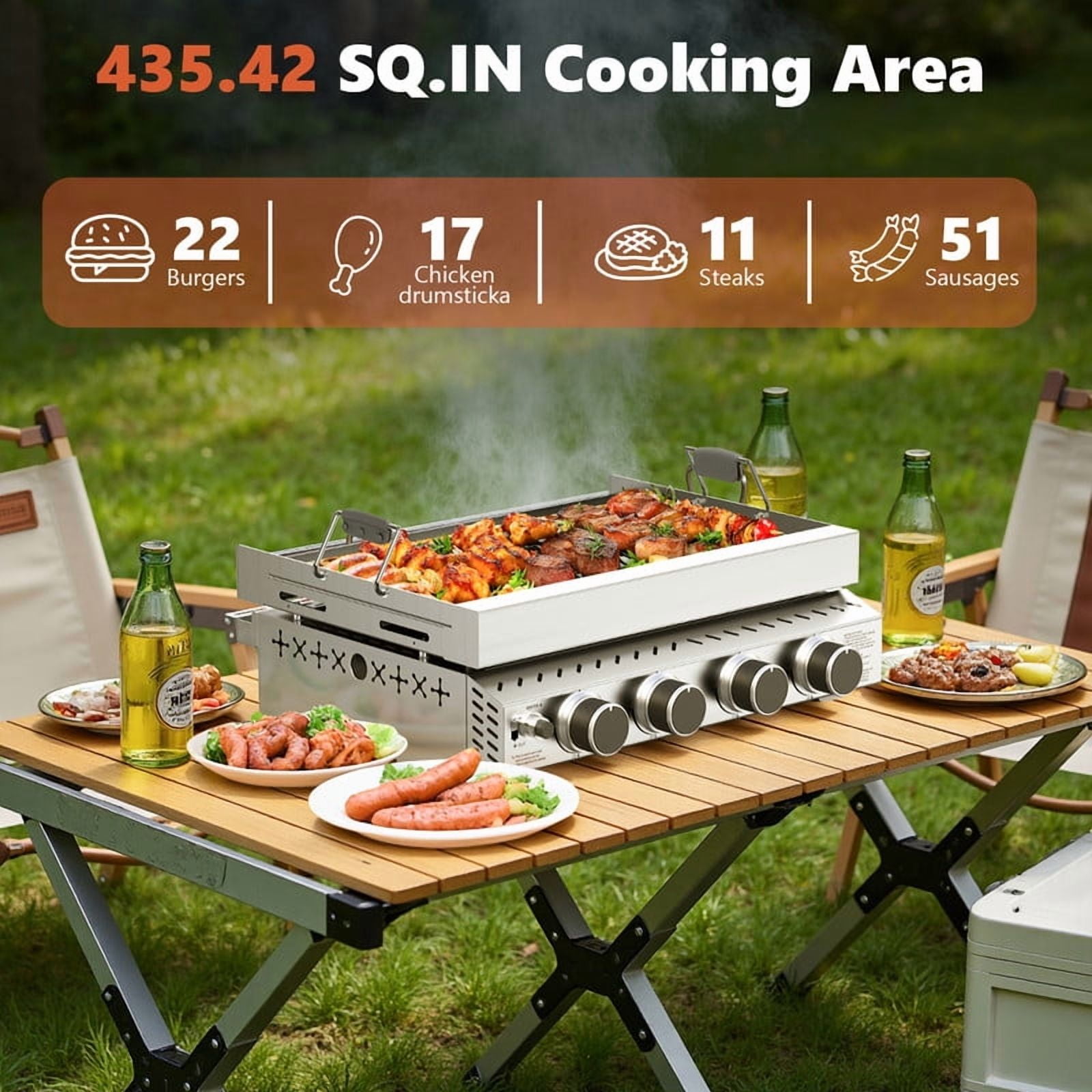 KNDKO Stainless Steel 4-Burner Propane Gas Grill, 34001 BTU BBQ Grill with Tool Holders, Porcelain-Enameled Cast, Iron Grates for Outdoor Cooking