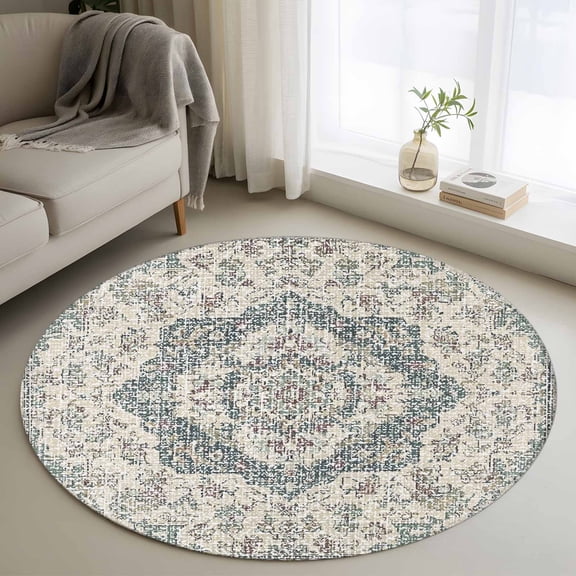 Round Area Rug 3.3 Ft, Beige Boho Floral Washable Non-Slip Circle Carpet for Living Room/Bedroom, Medieval Vintage Ethnic Flower Abstract Low-Profile Small Kitchen Mats Collection Rugs for Indoor