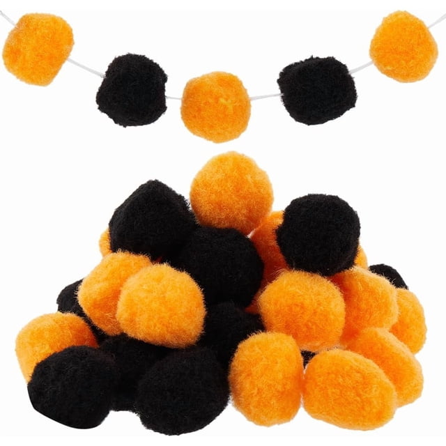 1 caja de 100 bolas de pompones de 30 mm de hilo grande, cordón metálico, suaves y esponjosos, surtidos en naranja y negro, a granel.