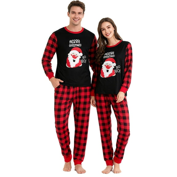 ELUTONG Adult Christmas Pajamas, One set of men's or Women's Long Sleeve Santa Claus Sleepwear Navy Blue or Red S-2XL
