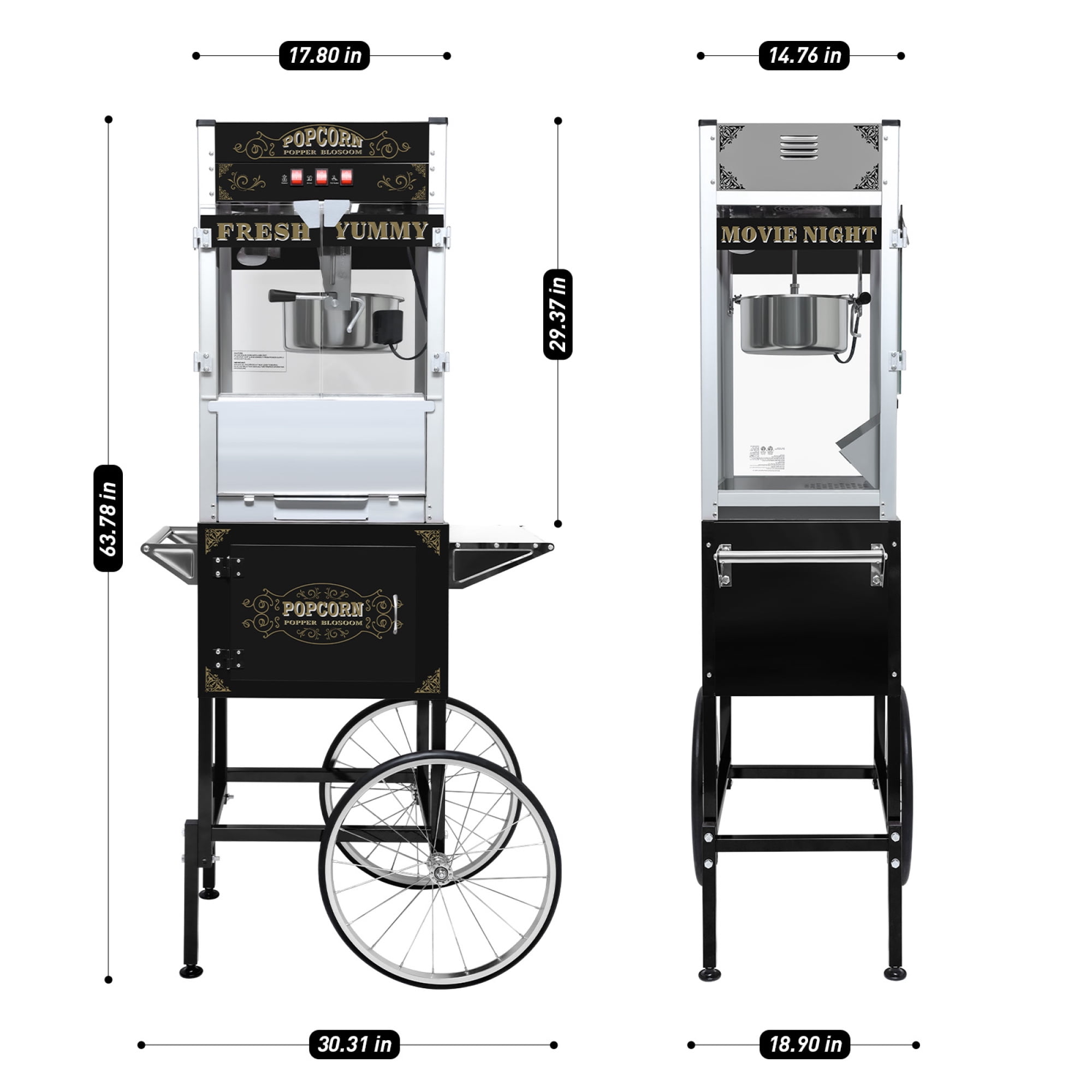 Leumius Commercial Popcorn Machine with Cart and 20-Ounce Kettle,Vintage-Style Popcorn with Tempered Glass and Warming Deck, 1450W Popcorn Popper for Parties, Events and Home Theater Black