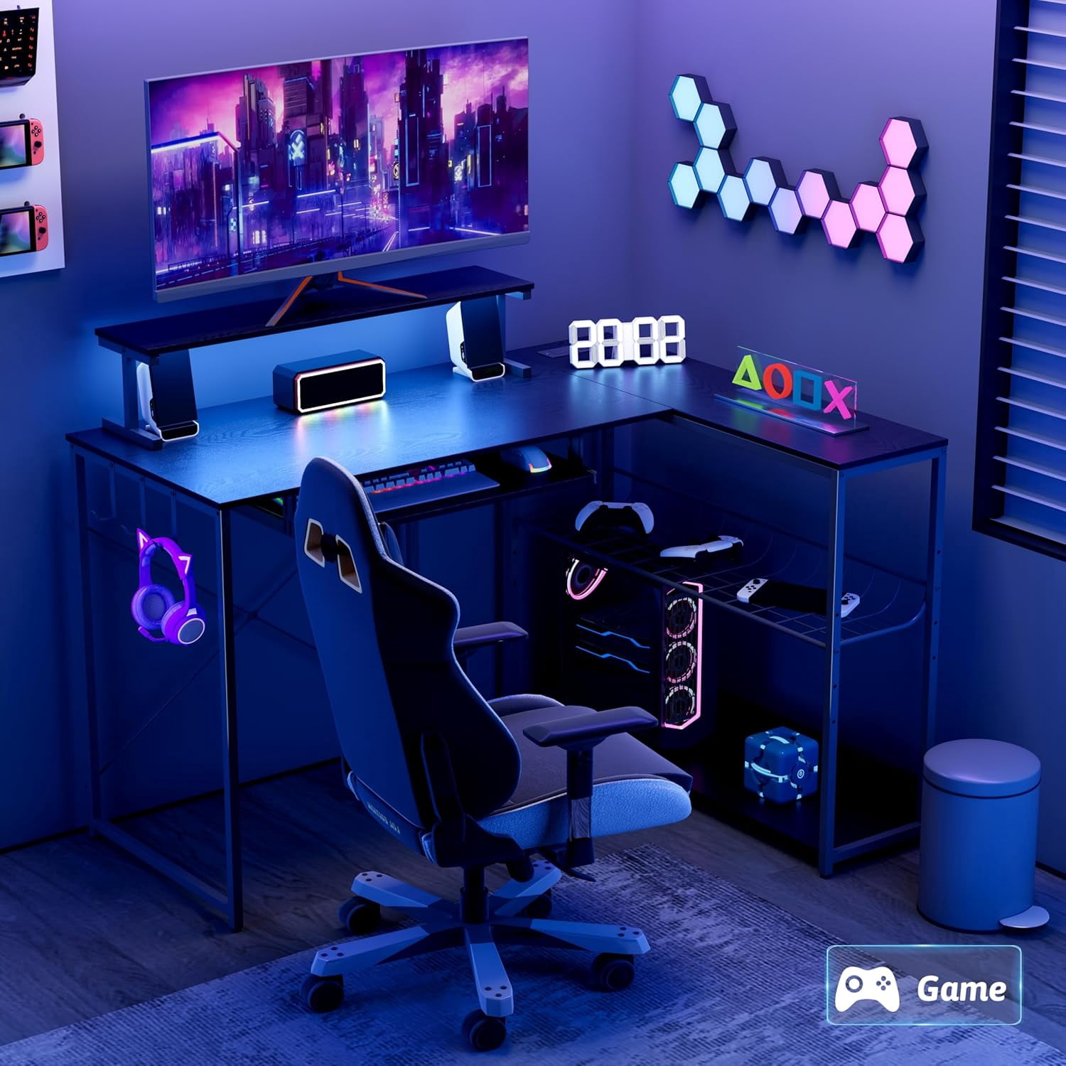 FANRAL L Shaped Computer Gaming Desk with Monitor Stand,LED Light & USB Power Outlet,Reversible Shelves Corner Desk with Keyboard Tray for Home Office Study,Black Computer Desk