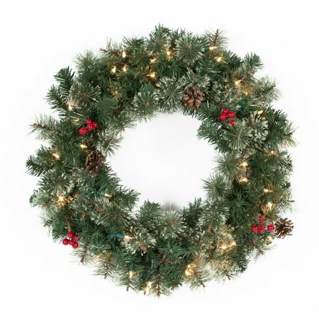 24 in. Classic Pine Pre-lit Wreath with Berries and Pine Cones