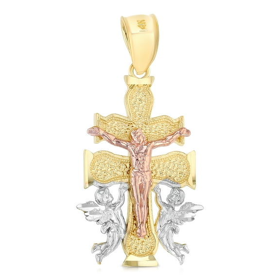 Ioka-14K Tri Color Gold Religious Cross of Caravaca Charm Pendant For Necklace or Chain