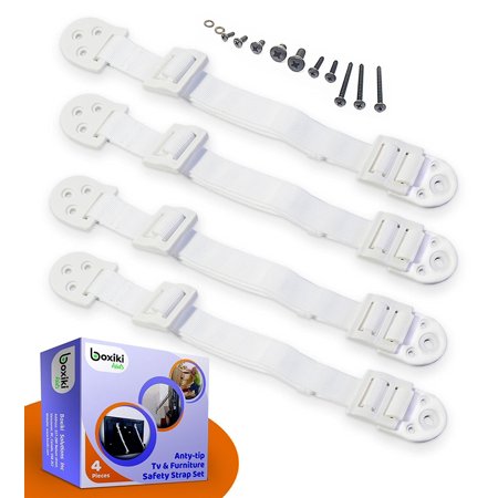 Heavy Duty Anti-Tip Furniture Straps Set for Child Proofing (4 pieces) by Boxiki Kids. Adjustable Home Safety TV Wall Anchor and Earthquake tipping restraint Straps.