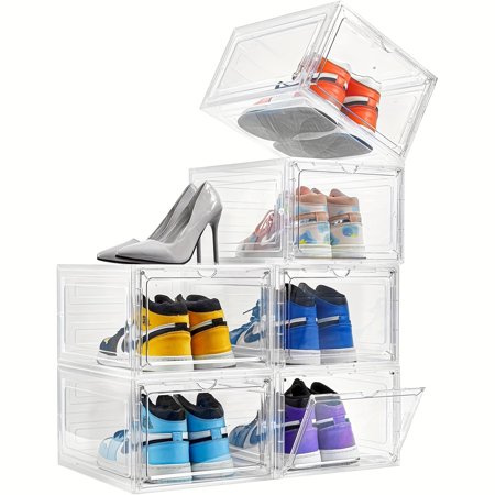 6pcs Shoe Boxes with Magnetic Door Clear Stackable Storage Organizer for Closet Kitchen Bathroom Space-saving Storage Containers for Clothes Shoes Makeups Hats Shoe Rack Under Bed Storage