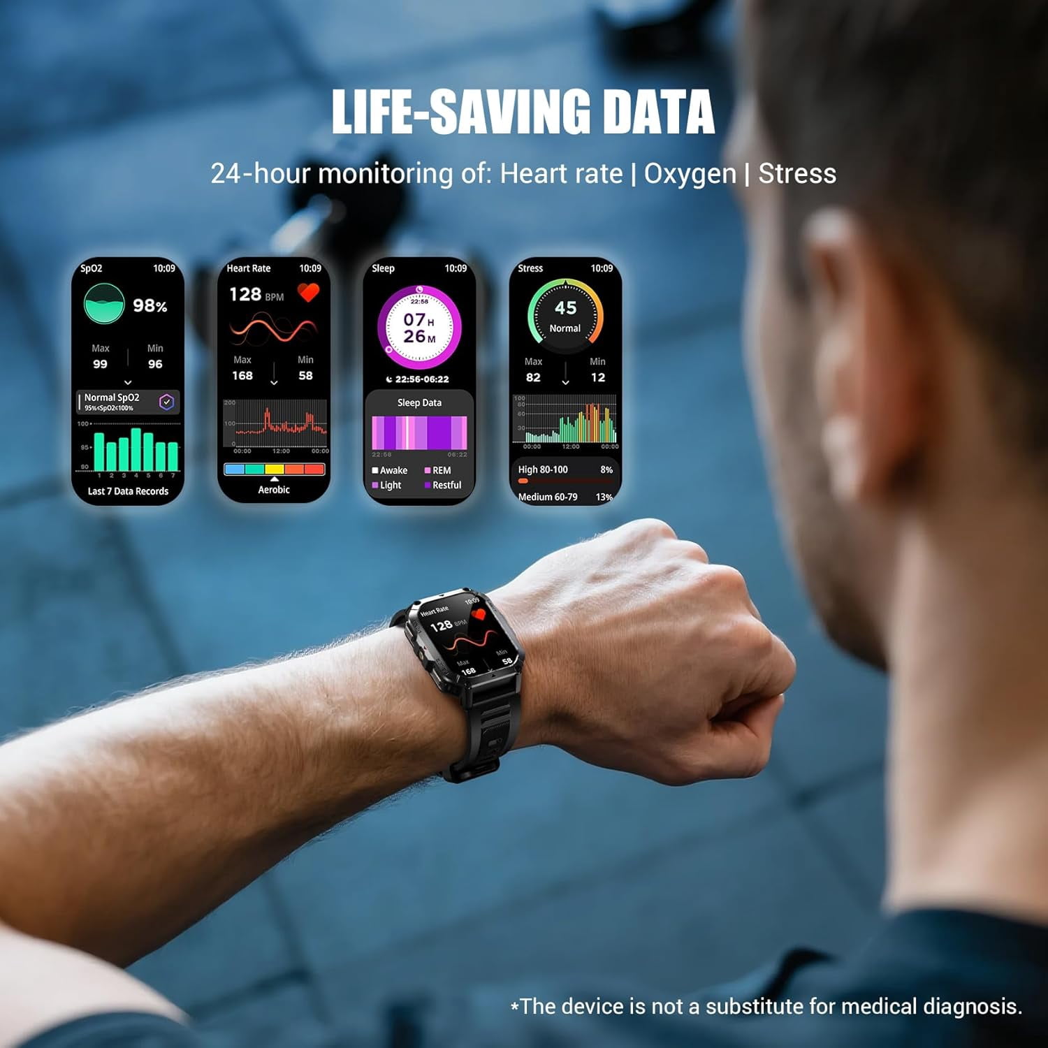 Blackview 2.01" Military Smart Watch for Men,with Calling,Flashlight,Compass,100+ Sports Modes,Large 900 mAh Battery, fits for Android iPhone,Black