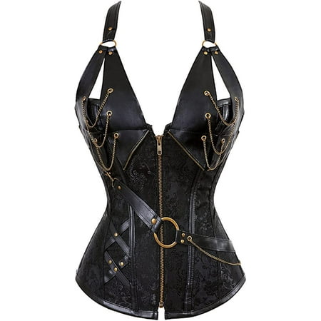 

QWZNDZGR Steampunk Corset Tops for Women Leather Corset Plus Size Steel Boned Corset Overbust Corset Zipper
