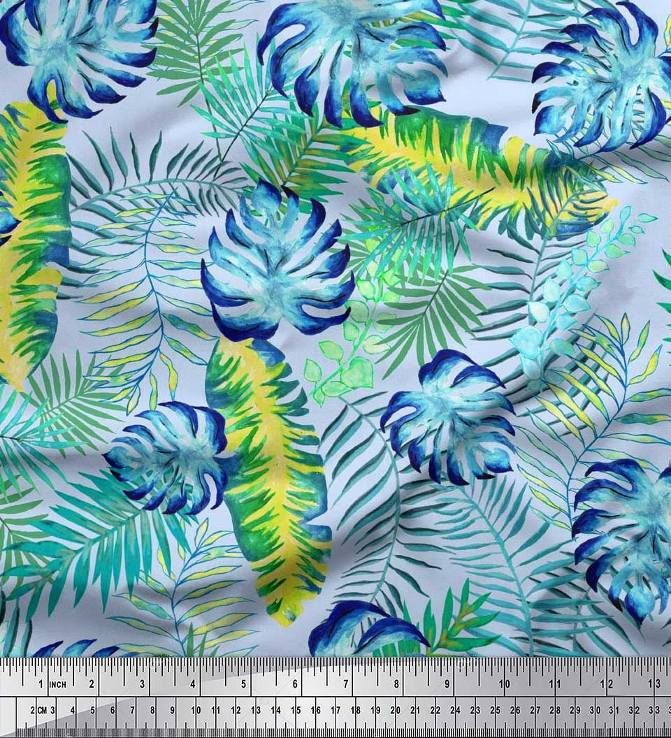 Soimoi polyester Crepe Fabric Leaves Tropical Print Fabric by the Yard