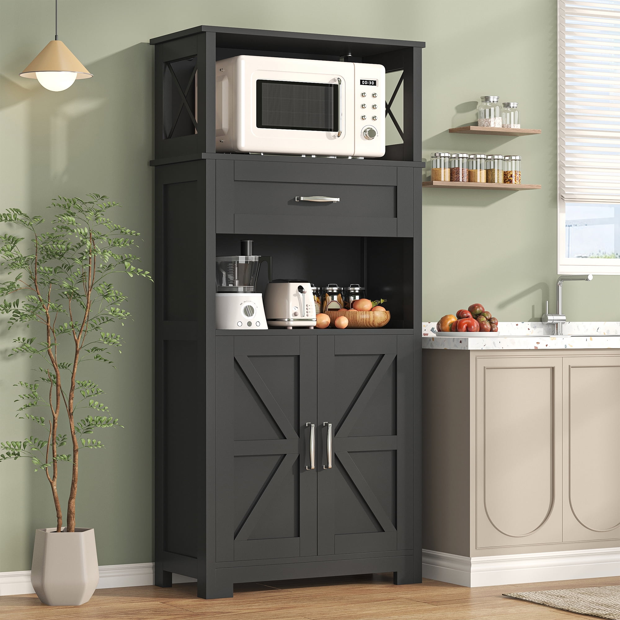 Casendy Kitchen Cabinet with Doors, Farmhouse Pantry Cabinet with Storage Shelf and Drawer, Wooden Kitchen Cupboard Cabinets for Dining Room, Living Room, Black