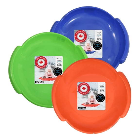 Superio Round Snow Sled, Heavy Duty Plastic Saucer Toddler Sled with Handles 24" Winter Snow Toys Fun for Kids and Adults 3-Pack, Blue-Green-Orange