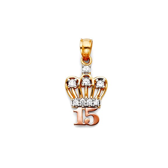 14k Yellow Gold and White Gold Cubic Zirconia 15 Years Crown Pendant Necklace 10x20mm Pendant for Women