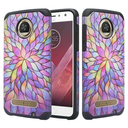 Moto Z2 Force Case, Moto Z2 Force Case Cover Hybrid Dual Layer [Shock Proof] Case for Moto Z2 Force - Rainbow Flower