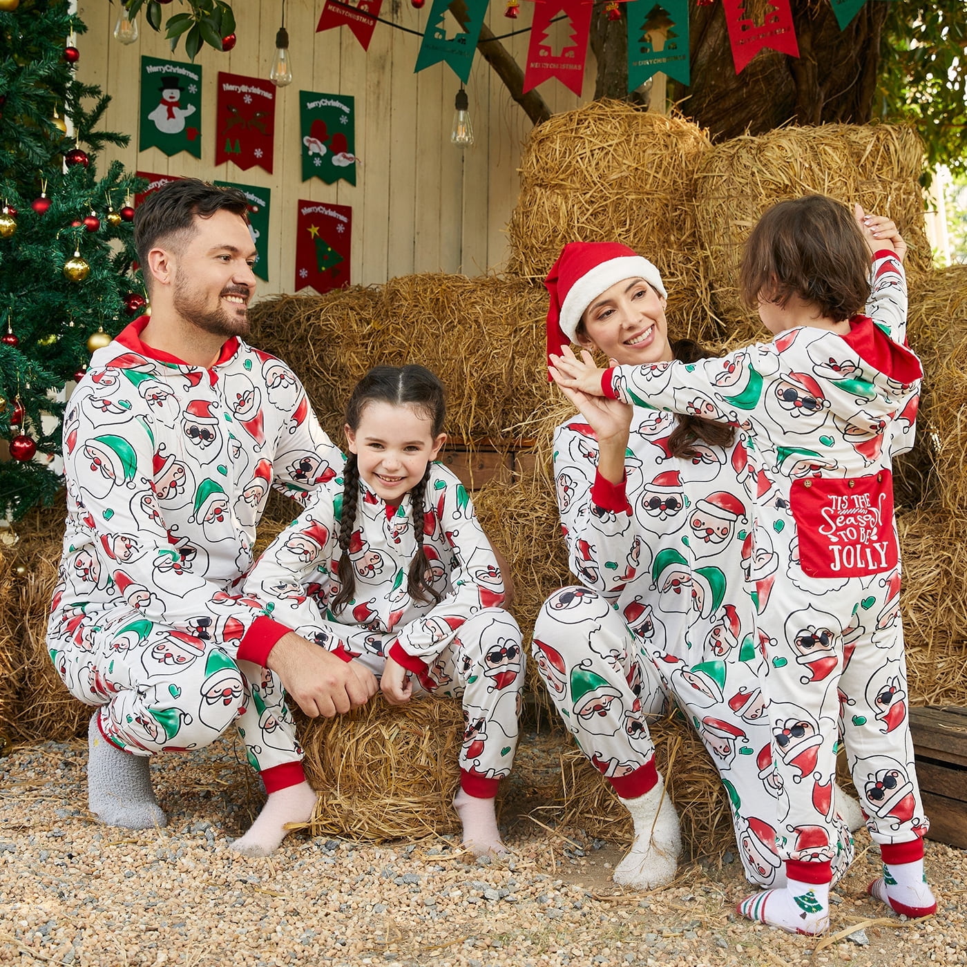 PatPat Christmas Family Matching Pajamas Holiday Couple Onesies for Men Allover Santa Claus Print Long Sleeve Hooded Zipper One Piece Pjs with Socks, M