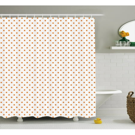 Orange Shower Curtain, Little Orange Polka Dots on Blank Backdrop Spotted Tile Pattern Retro Style Print, Fabric Bathroom Set with Hooks, 69W X 70L Inches, Orange White, by
