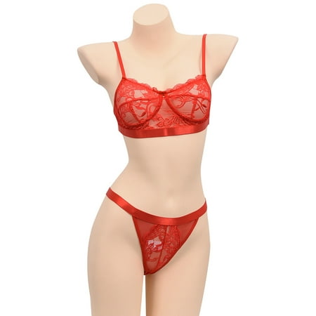 

FASHIONWT Women Sexy Lace Stitching Bra Mini See-through Babydoll Lace Panty Set