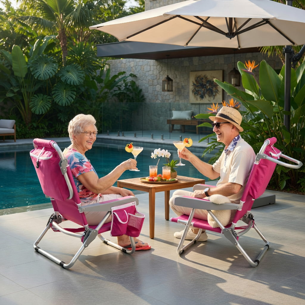 Hommoo Foldable Beach Chair with Cup Holder & Storage Pockets, Lightweight Aluminum Outdoor Chair for Beach, Pool & Lawn, Pink