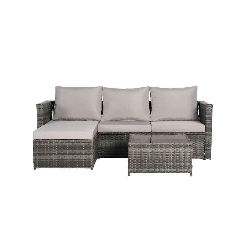 3-Piece Patio Furniture Set with Coffee Table, Outdoor L-Shaped Sectional Sofa Set with Ottoman, Wicker Outdoor Conversation Set for Backyard Poolside