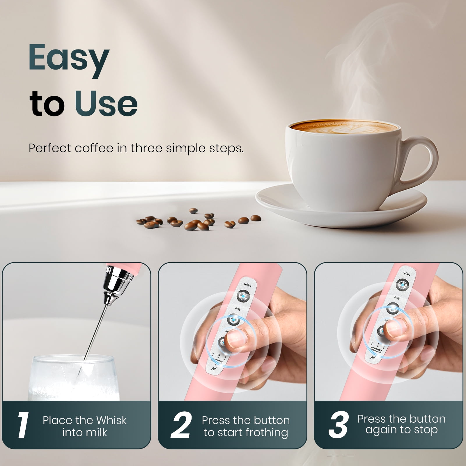 Pink Handheld Milk Frother Wand for Coffee, Rechargeable Electric Whisk with 3 Heads 3 Speeds Drink Mixer Coffee Frother For Latte, Cappuccino, Hot Chocolate, Egg