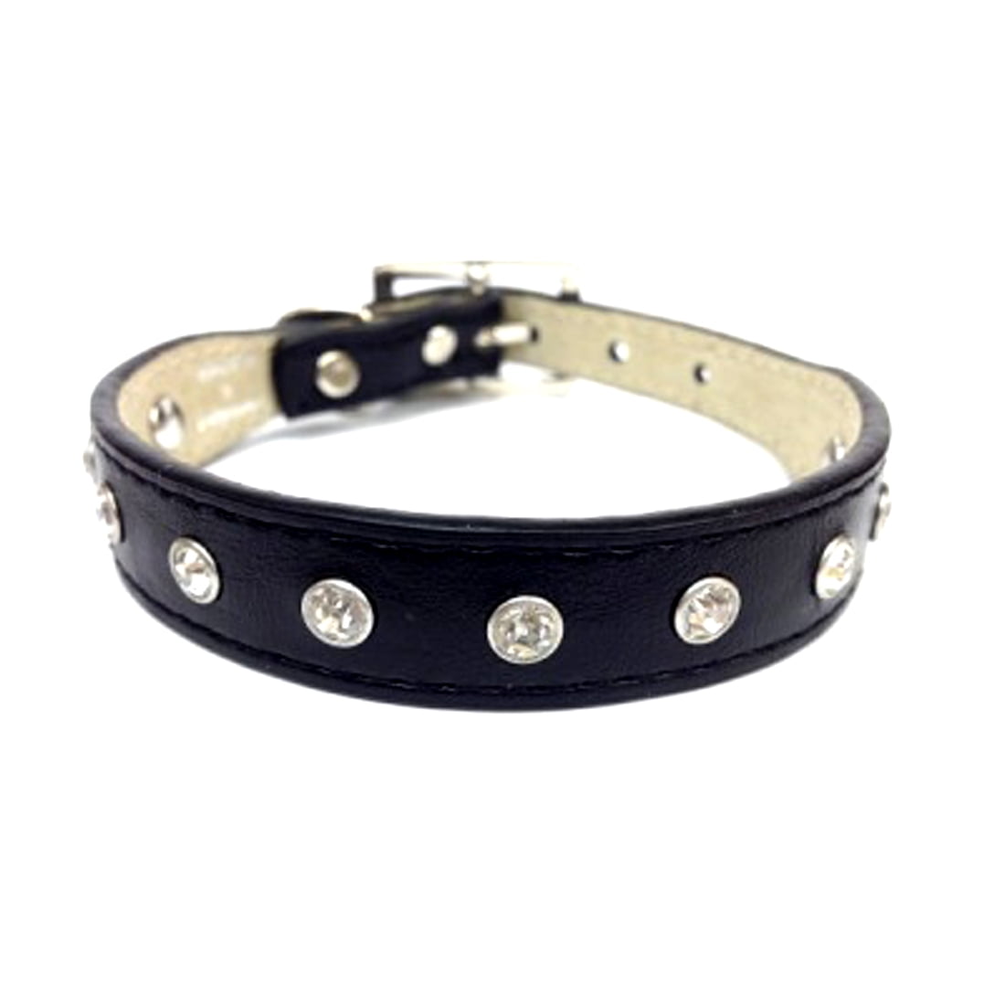 Narrow Black Leather Dog Collar with a Row of High Quality Clear ...