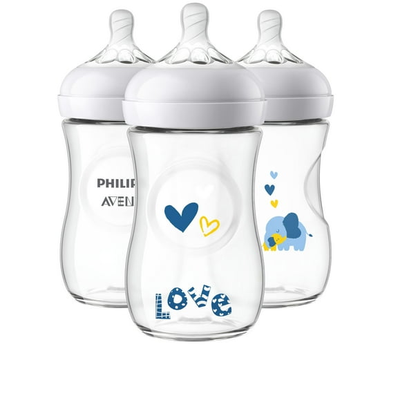 Philips Avent Natural Baby Bottle with Blue Elephant Design, 9oz, 3pk, SCF669/37