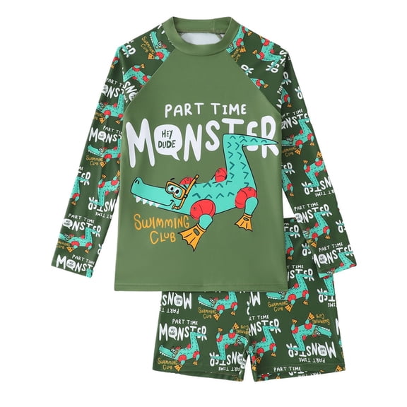 Boys' Long Sleeve Swim Set with Crocodile Print Rash Guard and Trunks UPF 50 Quick Dry Summer Swimwear